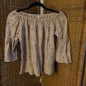 Lucky Brand Off the Shoulder crop Top embroidered bell sleeve size M dusty rose